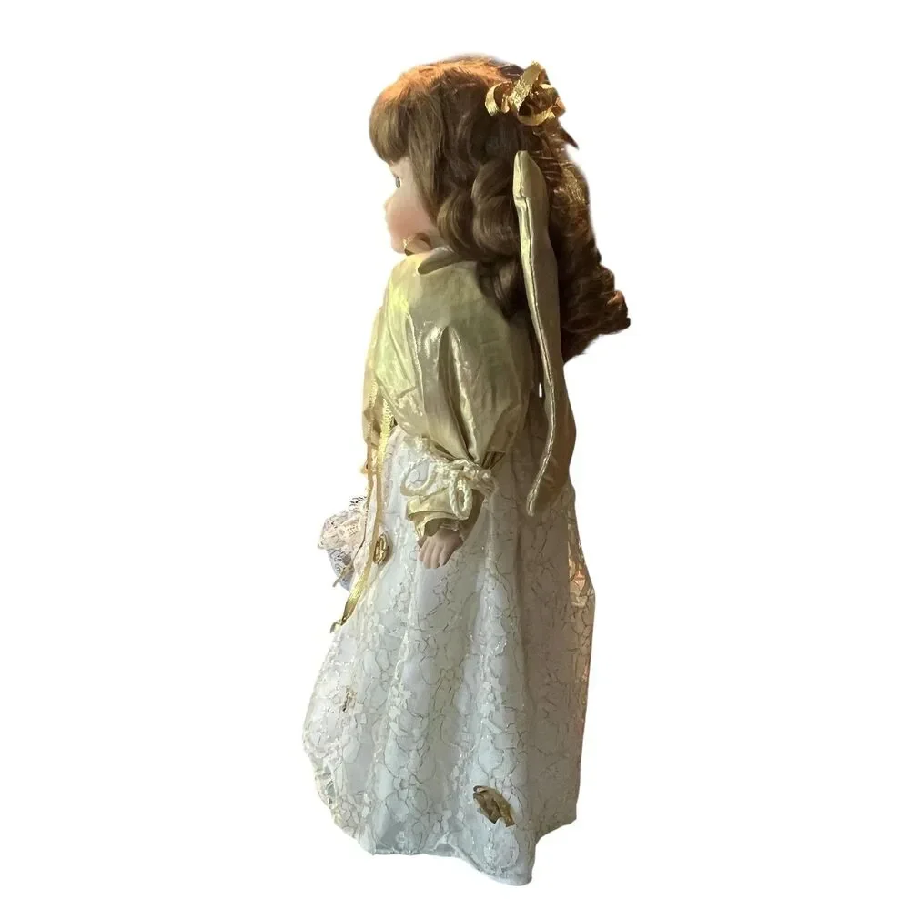 Porcelain Angel Doll Gold White Lace Dress Curly Brown Hair Decor Collectible